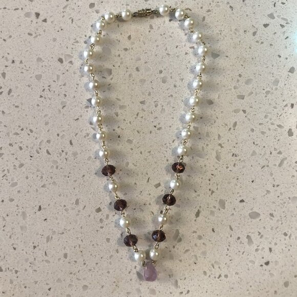 Handmade Pearl & Crystal Bead Necklace with Amethyst Drop - Picture 1 of 3